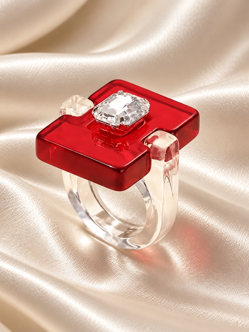 ❤️ Red Geometric Resin Statement Ring | Clear Crystal | Modern Acrylic | NWT